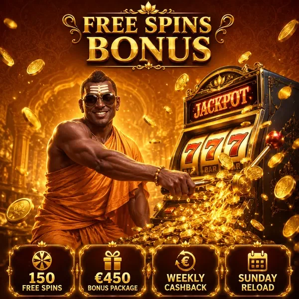 The Golden Monk energetically pulling slot machine lever as golden coins cascade around him at SpinBuddha