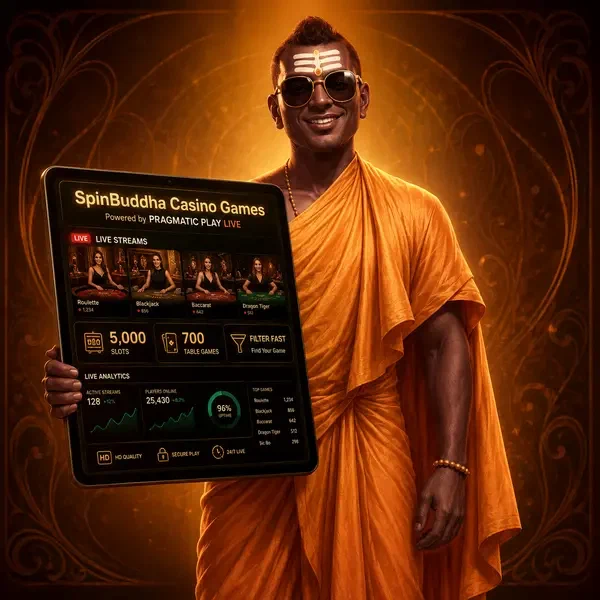 Golden monk analyzing live streams and slot data at SpinBuddha Casino Games portal