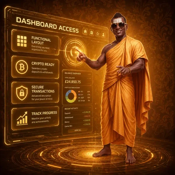 Golden monk guides player login access at SpinBuddha holographic dashboard interface