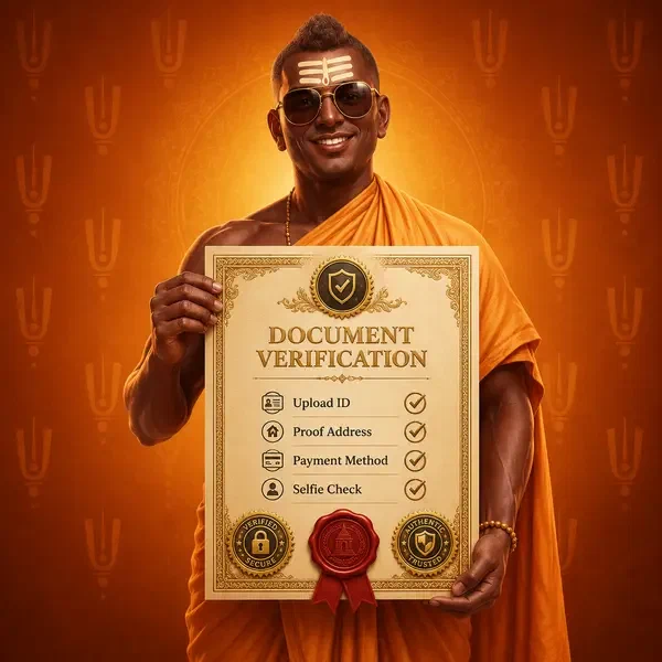 Golden monk examining verification certificate at SpinBuddha KYC security desk