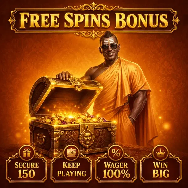 Golden monk opening treasure chest of free spins at SpinBuddha welcome hall