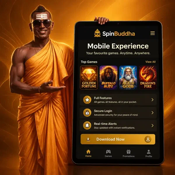 Golden monk guides player through SpinBuddha mobile app features on glowing tablet