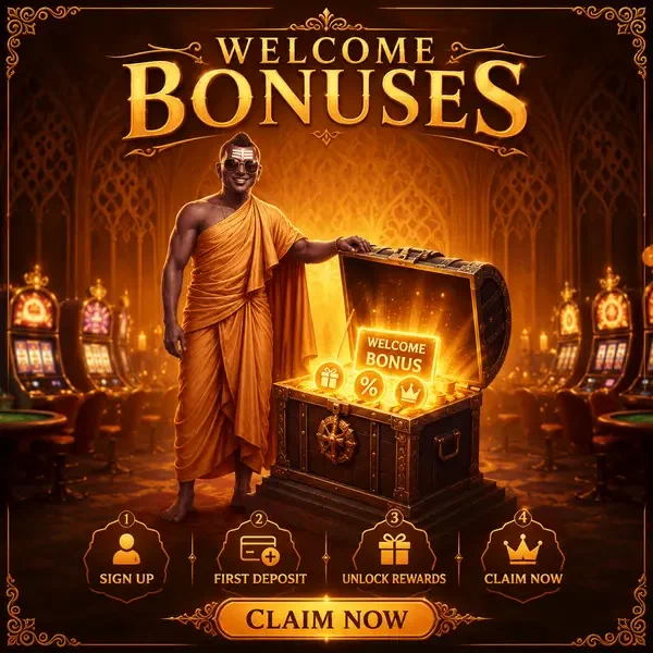 The Golden Monk opens treasure chest as new player signs up at SpinBudha for welcome bonuses