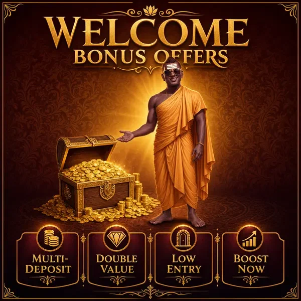 Golden Monk presenting welcome bonus treasure chest at SpinBuddha Casino