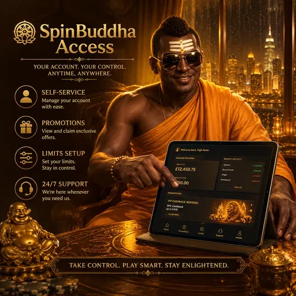 Golden monk managing SpinBuddha personal account dashboard with serene focus