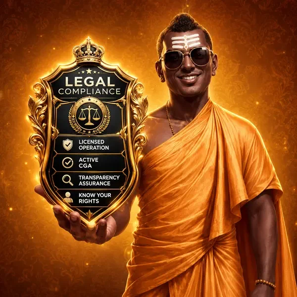 SpinBuddha monk displaying licensing compliance badge in golden casino setting