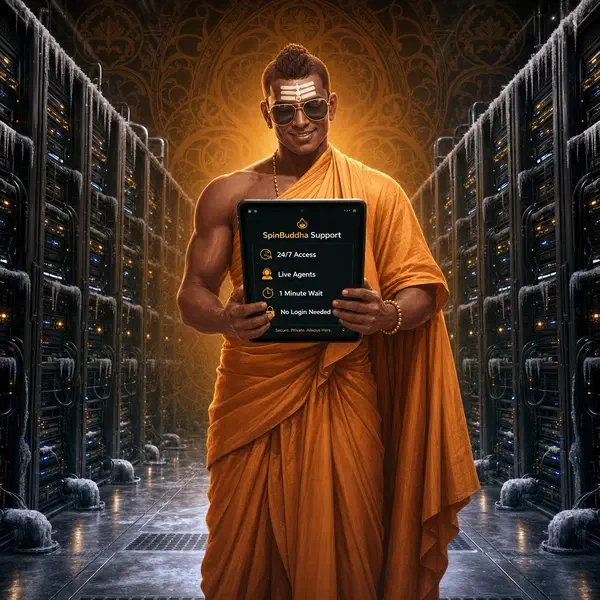 Golden Monk providing SpinBuddha customer support through secure tablet interface in server room