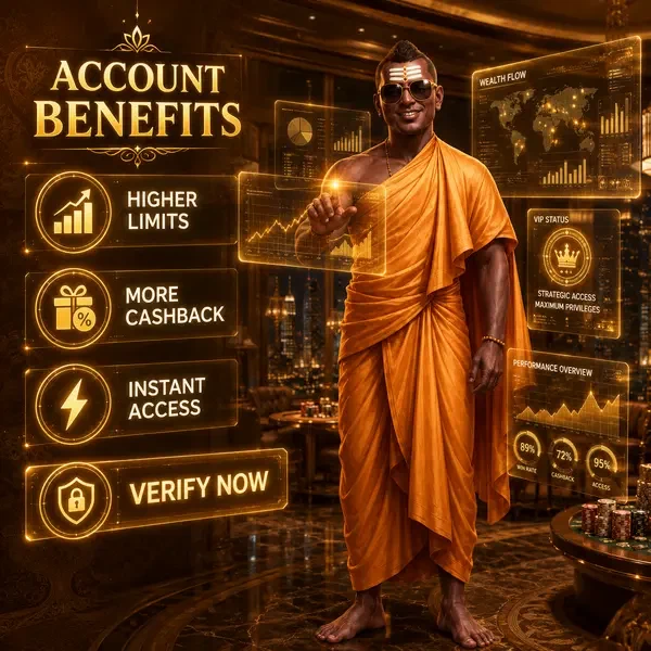 Golden monk gesturing at holographic data while verifying identity at SpinBuddha Casino portal