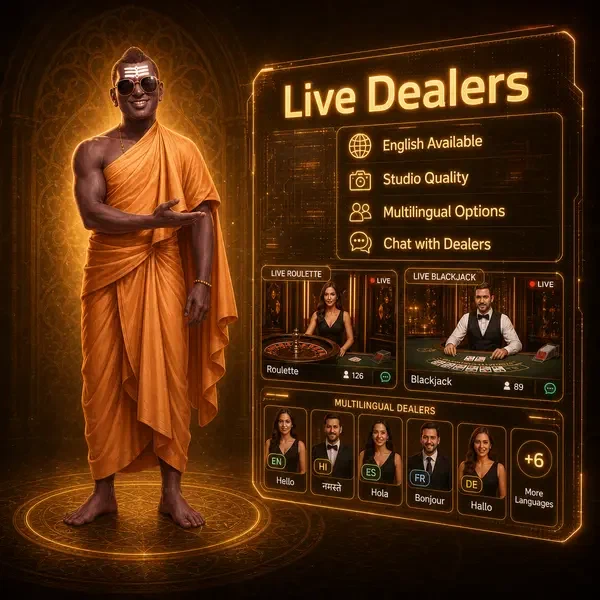 The Golden Monk gestures toward live dealer games at Professional Live Dealers & Studio Quality