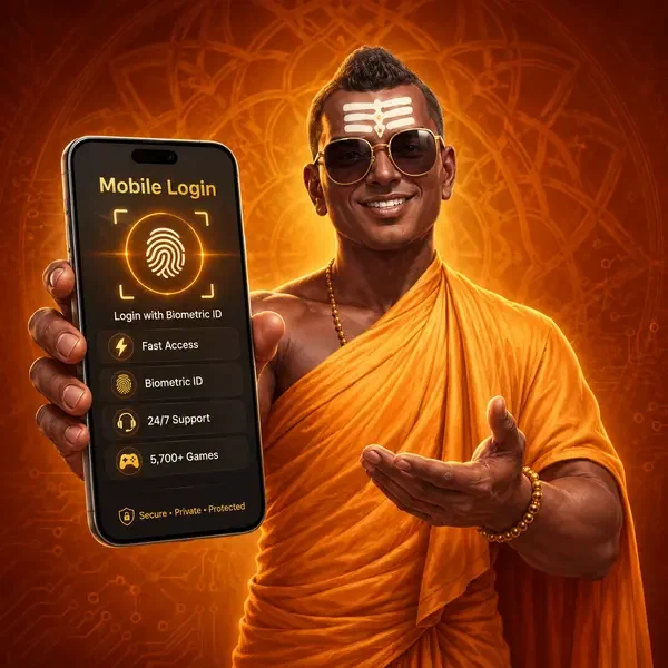 Golden monk displaying SpinBuddha mobile login screen with biometric access ready