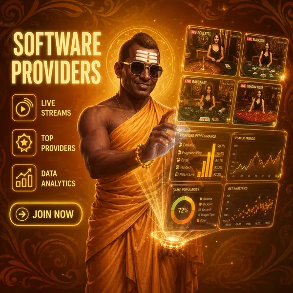 Golden monk analyzing SpinBuddha live casino data through holographic interface display