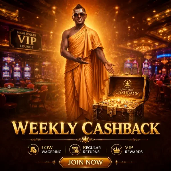 Golden Monk gestures to weekly cashback treasure chest at SpinBuddha Casino bonus hall
