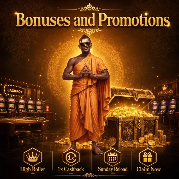 Golden Monk beside treasure chest revealing SpinBuddha bonuses and promotions