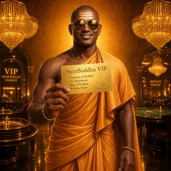 Golden Monk holding VIP card at SpinBuddha Casino with exclusive loyalty rewards
