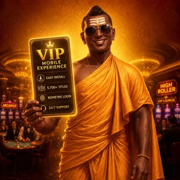 SpinBuddha mobile app glowing on golden card as monk presents VIP gaming access