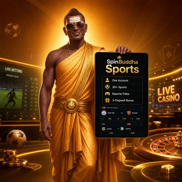 The Golden Monk engaging with sports betting odds at SpinBuddha Sports sportsbook tablet