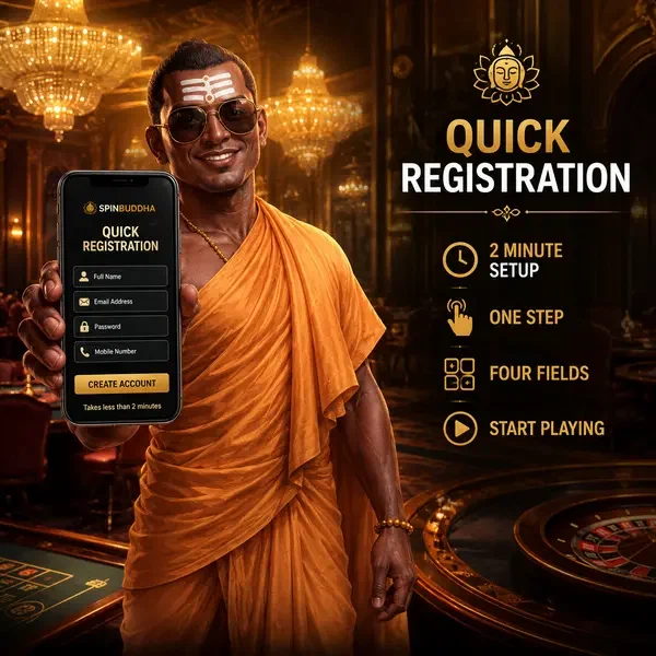 Golden monk holding smartphone displaying SpinBuddha registration interface in luxury casino